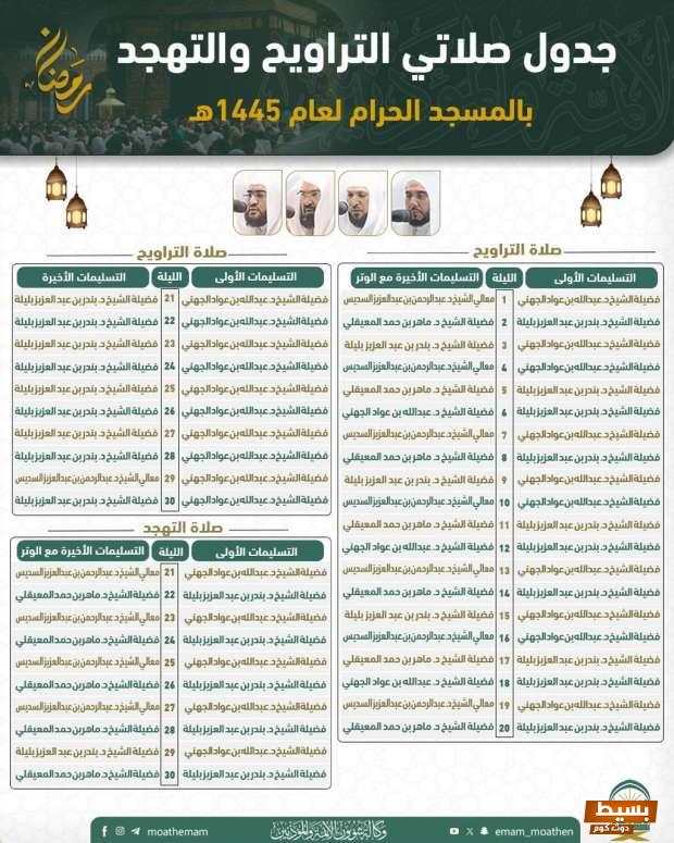جدول صلاة التراويح والتهجد في المسجد الحرام رمضان 2024 6 جدول صلاة التراويح والتهجد في المسجد الحرام رمضان 2024